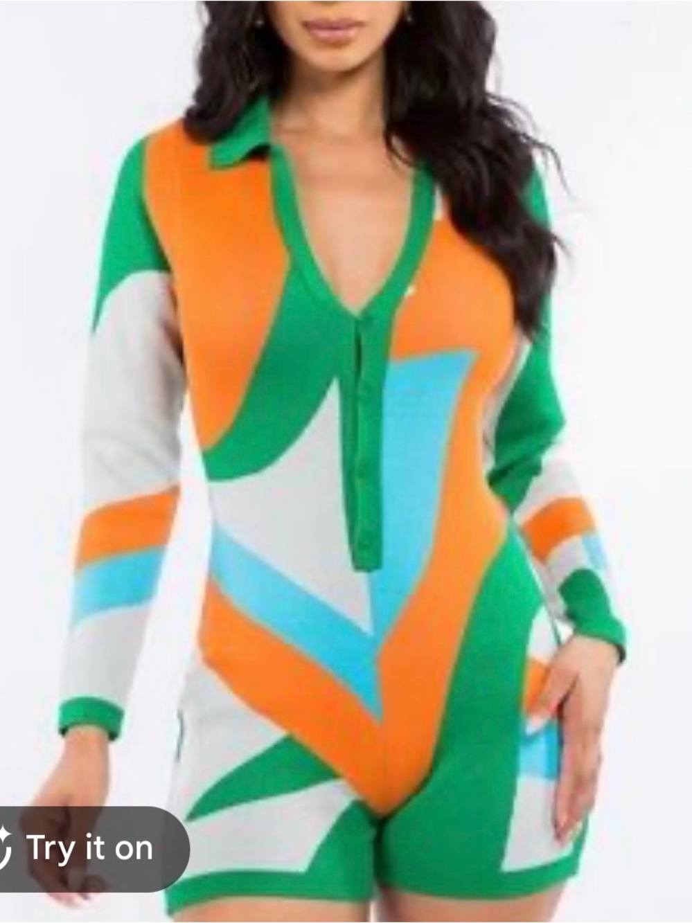 Colorblock V-Neck Knit Romper in Green, Orange & Blue